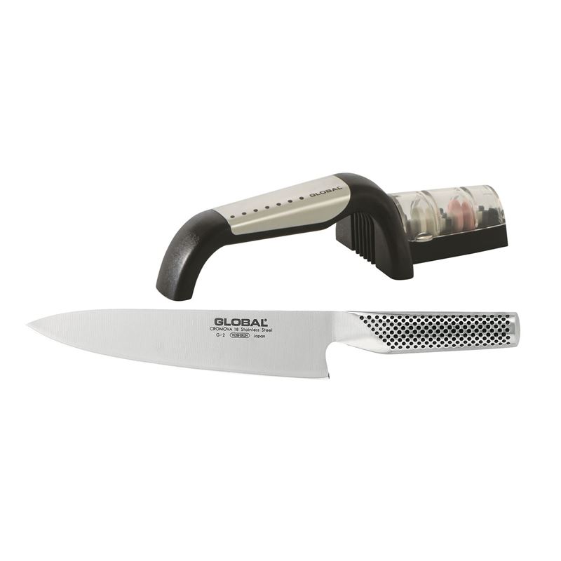 Global – 2 Piece Starter Knife Set 20cm Cooks and Global Sharpener Black (Made in Japan)