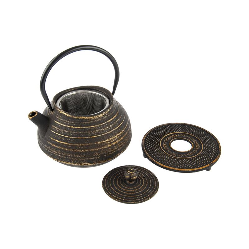 Benzer – Orient Express Kobe Cast Iron Tea Pot 1.2Ltr and Trivet Set Gold with Black Finish
