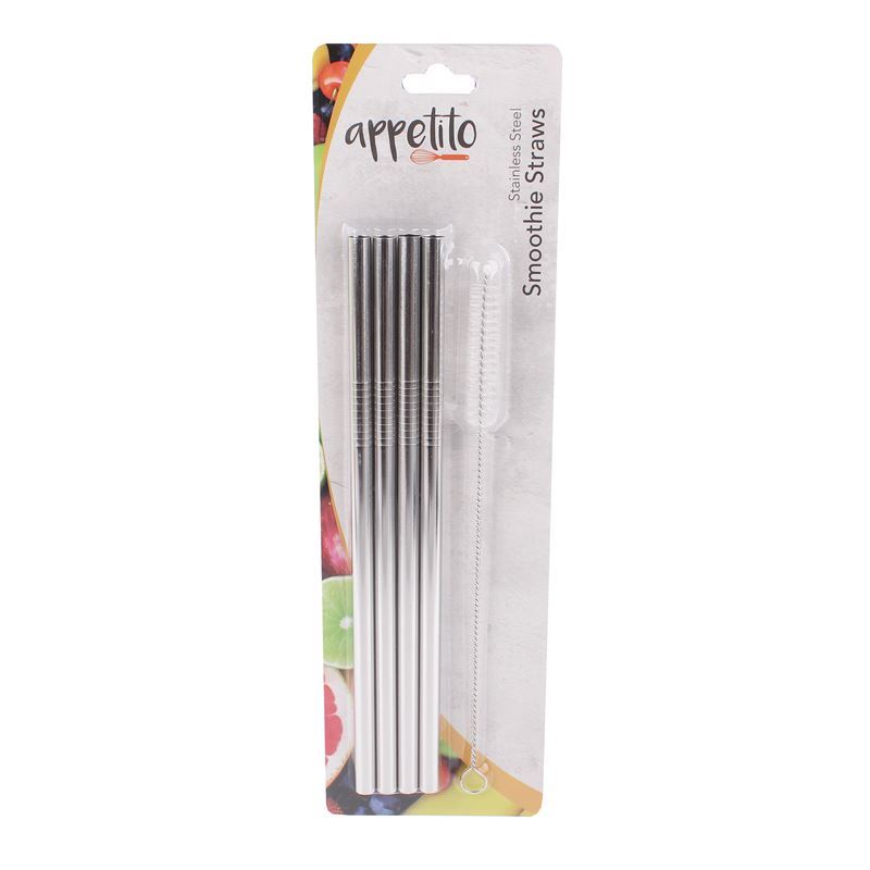 Appetito – Straight Smoothie Stainless Steel Straw set of 4 with Cleaning Brush