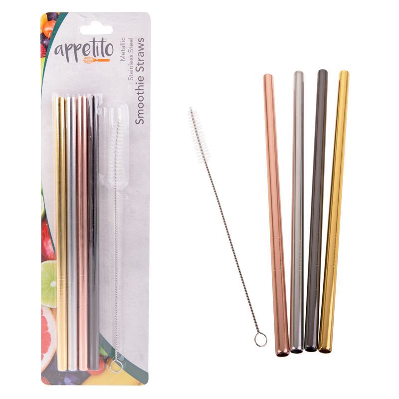 Appetito – Stainless Steel Straight Smoothie Drinking Straw Set of 4 Metallic