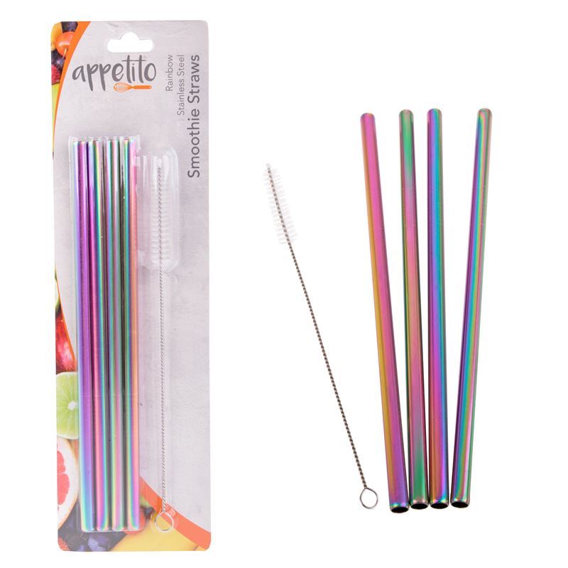 Appetito – Stainless Steel Straight Smoothie Drinking Straw Set of 4 Rainbow