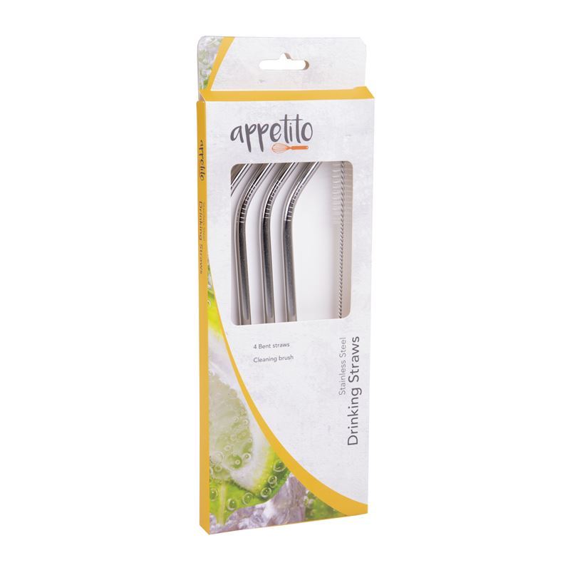 Appetito – Bent Stainless Steel Straw set of 4 with Cleaning Brush